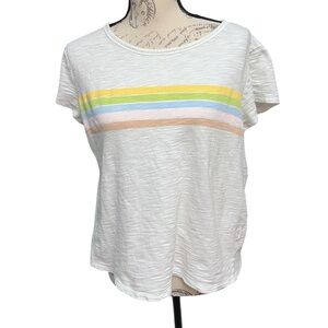 Lauren Conrad white cotton T-shirt with pastel stripes, size large